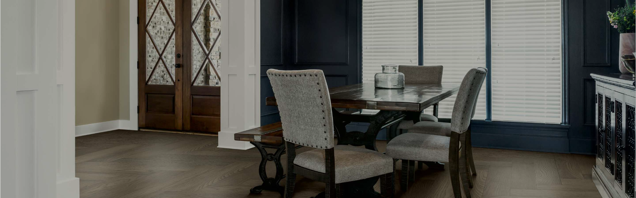 Window treatments in a dining room with blinds