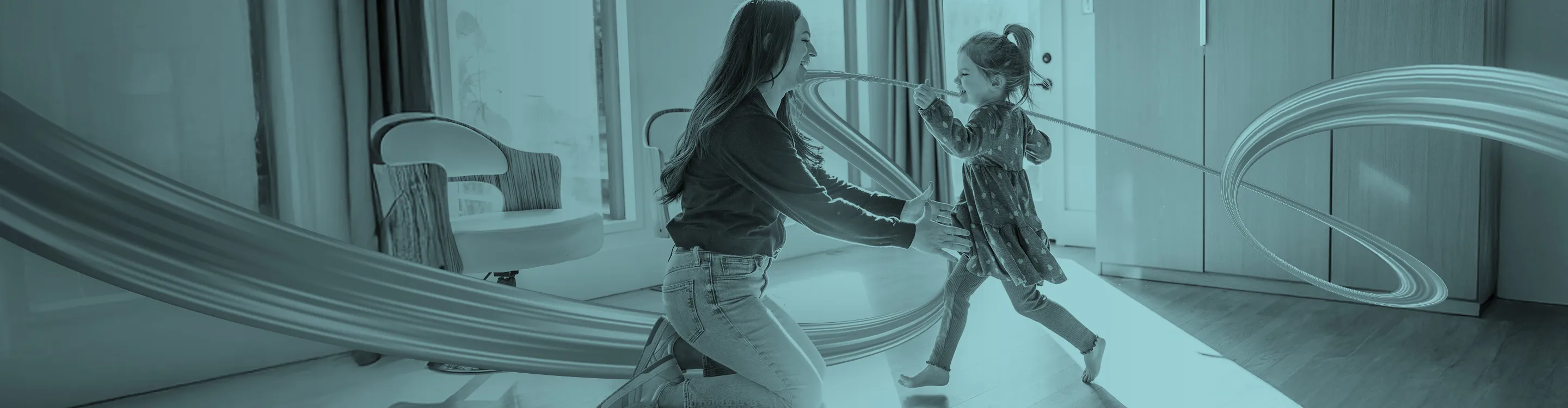 Mother and daughter dancing on new flooring