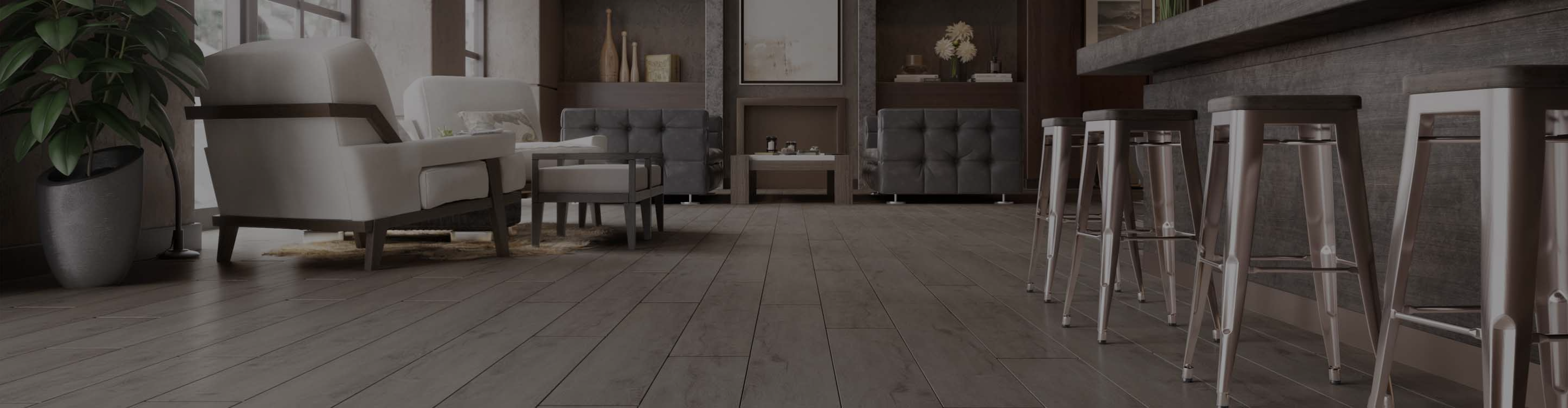 wood look Vinyl flooring in modern basement playroom with barn door to laundry space
