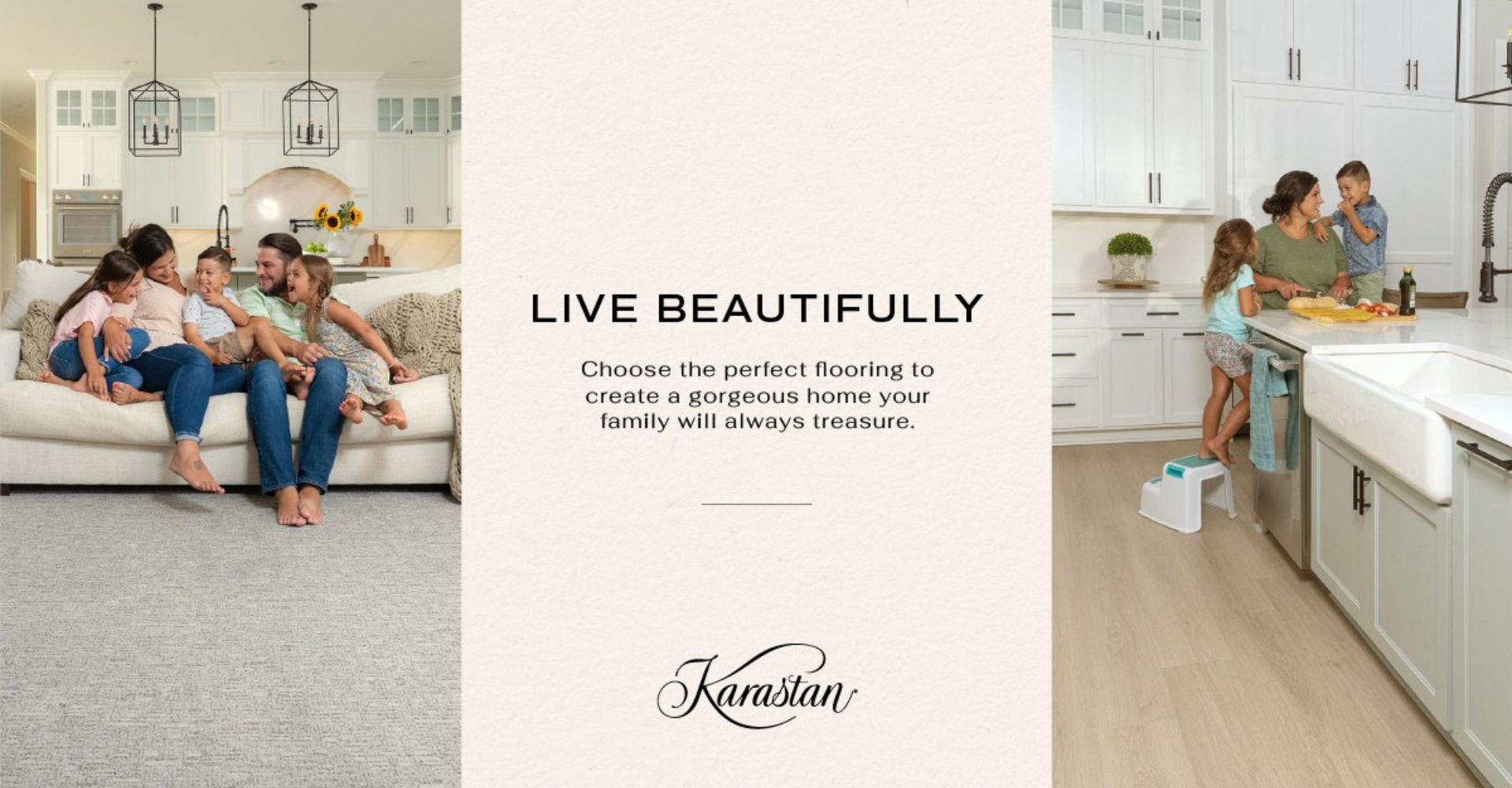 Family sitting on a couch and a mother in the kitchen with her children